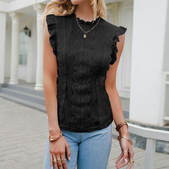 Boho Chic Lace Ruffle Sleeve Floral Blouse Black - Picture 4 of 10